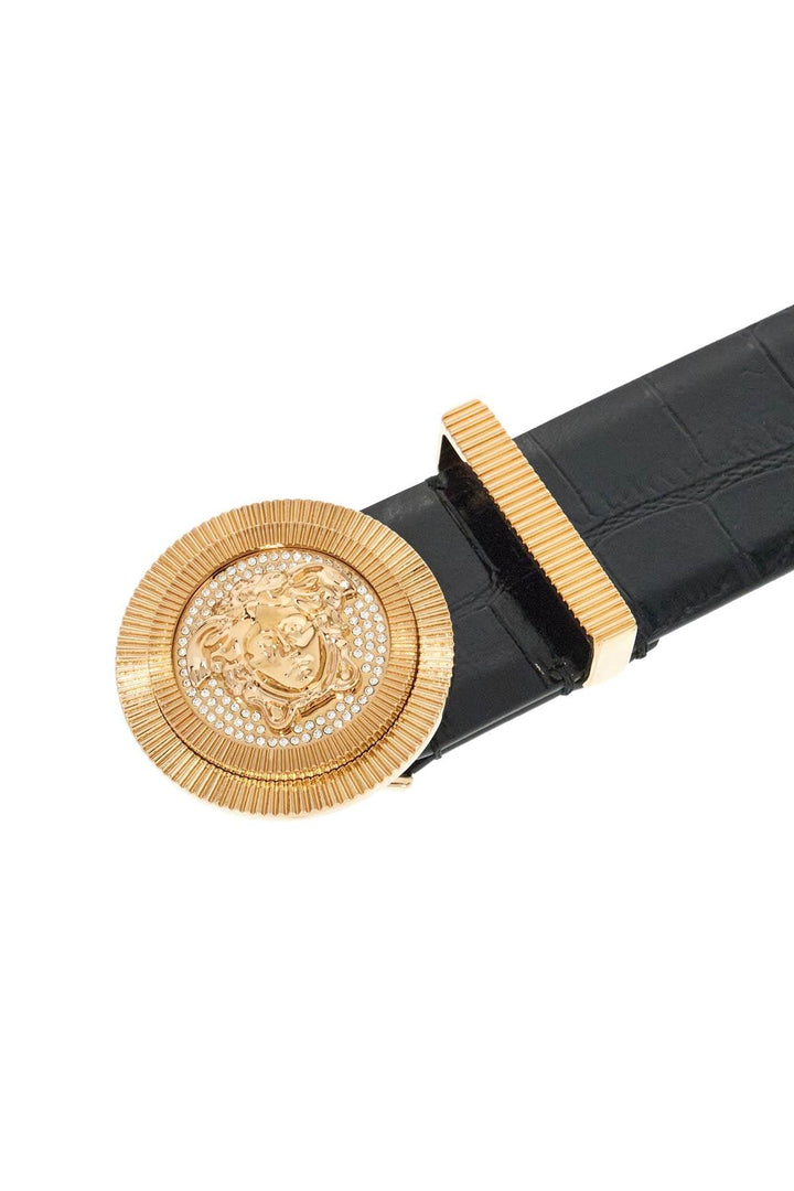 VERSACE Embossed Crocodile Calfskin Belt with Rhinestones - 40mm