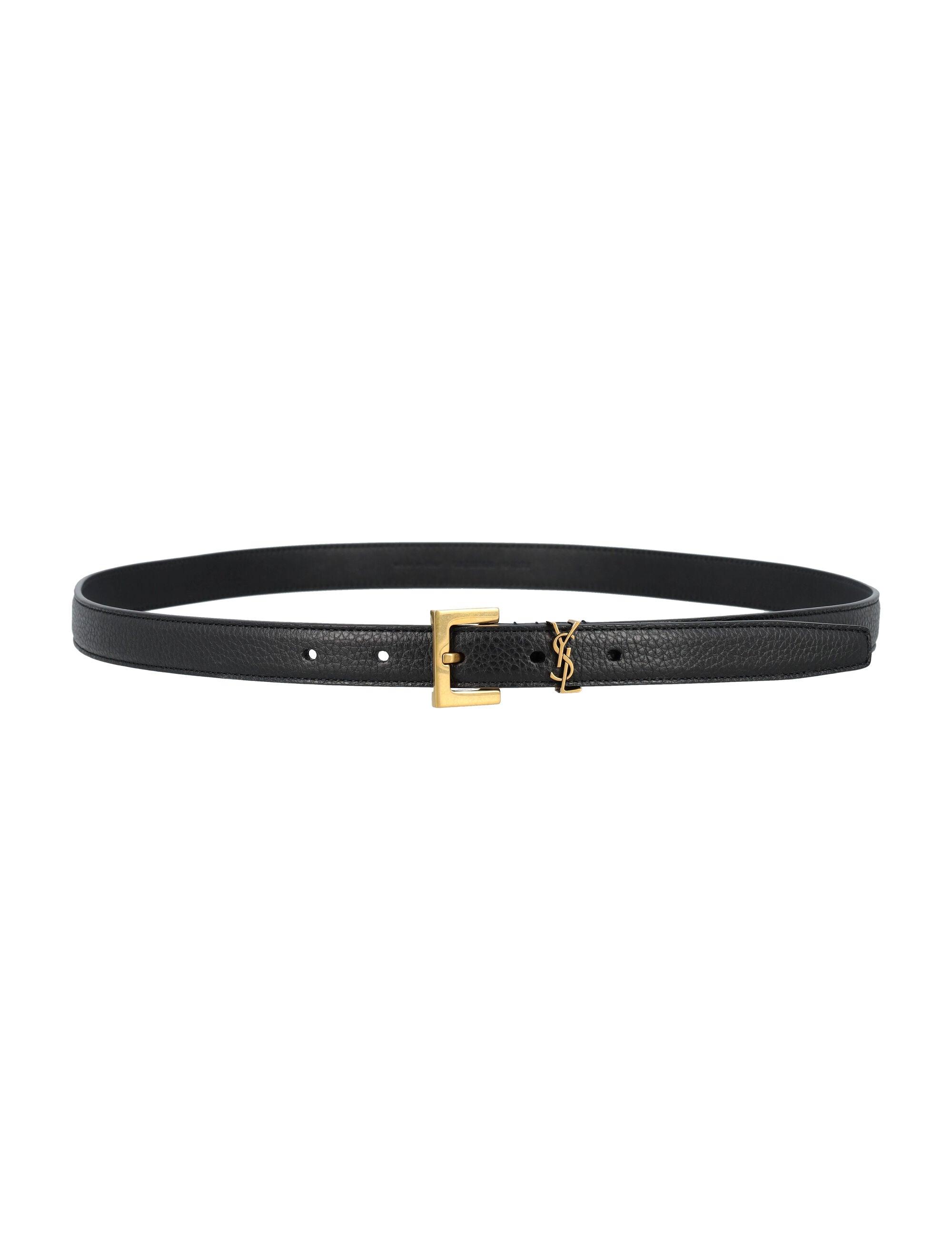 SAINT LAURENT Grained Leather Thin Belt with Square Buckle