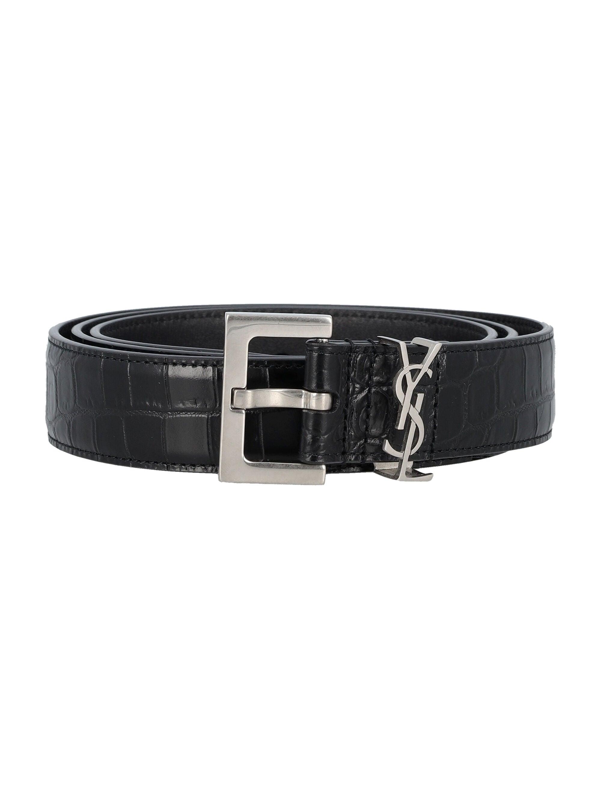 SAINT LAURENT Cassandre Crocodile-Embossed Leather Belt - 3cm Width