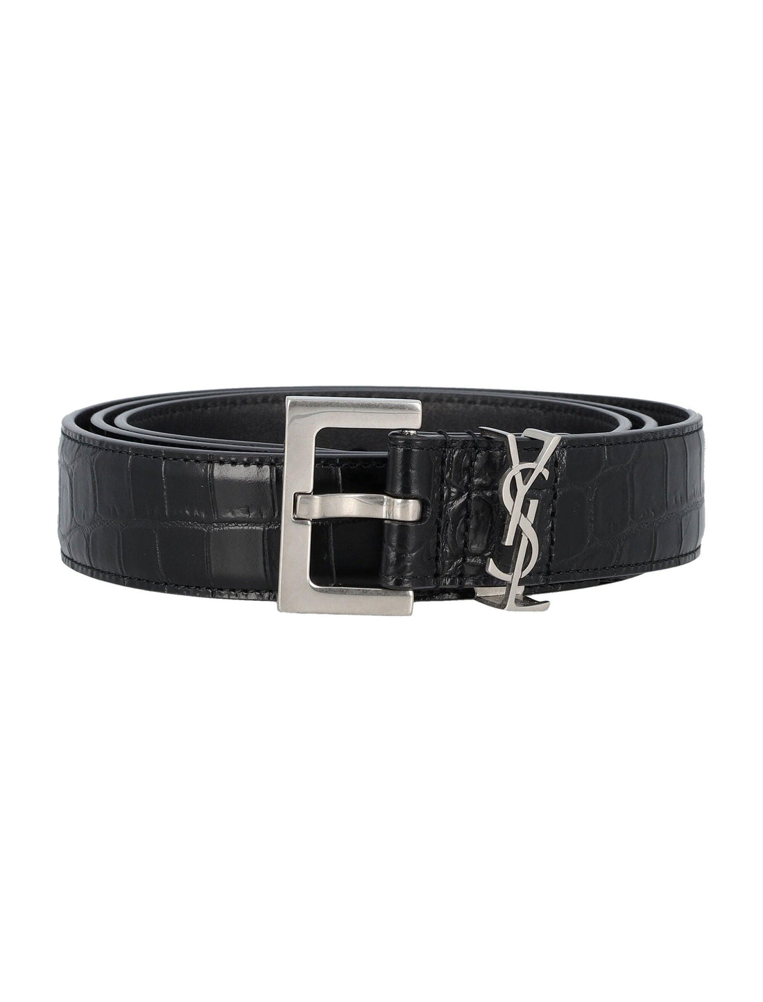 SAINT LAURENT Cassandre Crocodile-Embossed Leather Belt - 3cm Width