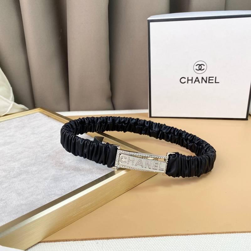 Chanel Logo Buckle Elastic Belt Leather with Metal and Crystals 'Black'