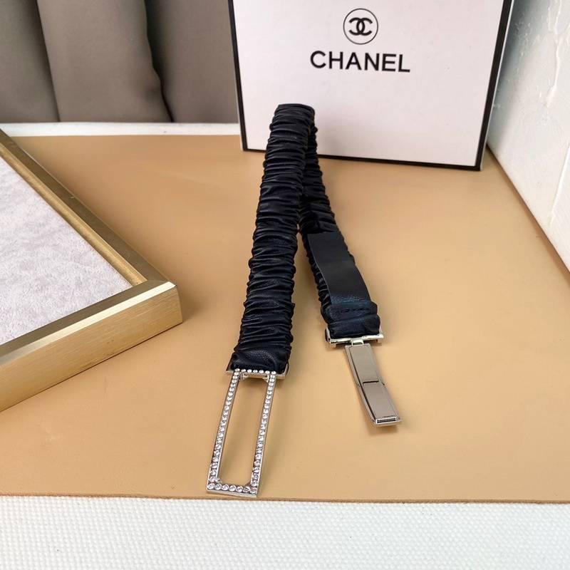 Chanel Logo Buckle Elastic Belt Leather with Metal and Crystals 'Black'